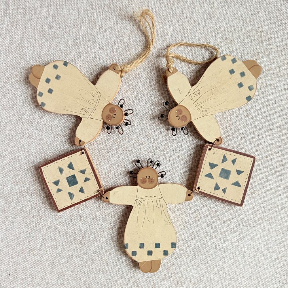 Angel Garland Ornament Folk Art Wood Hand Painted 16in Primitive Country Decor